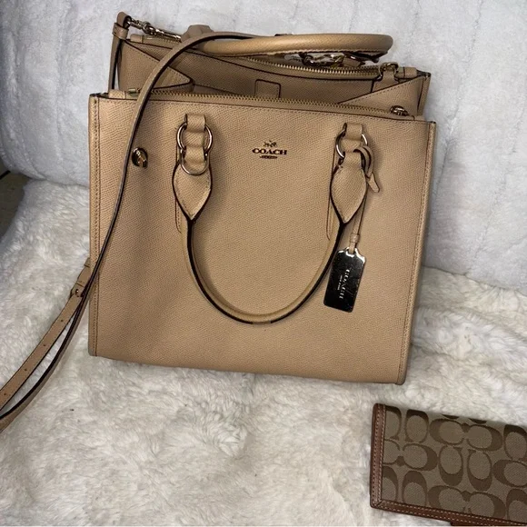 Coach Beige Leather Tote Bag Coach Linud crossbody tote - Picture 1 of 6